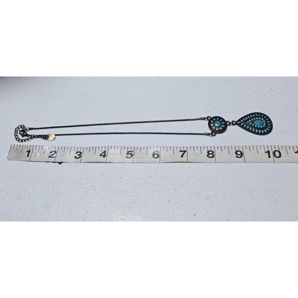 Southwest Turquoise Double Pendant Necklace Gold Tone Statement Fashion Jewelry - Picture 6 of 7